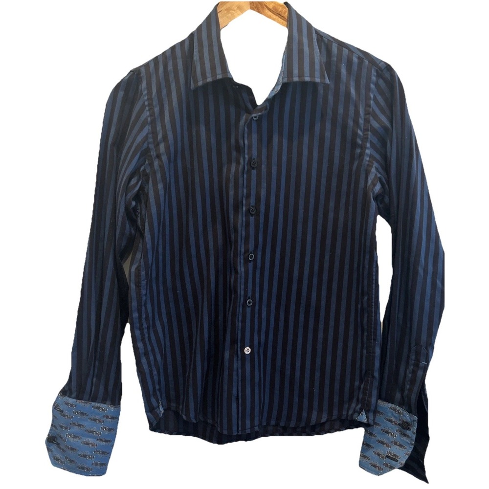 Robert Graham Button Up Boys Shirt M 10-12 Blue Black Stripe Flip Cuff Cars